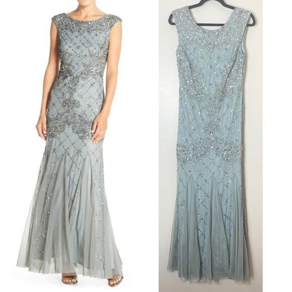 ADRIANNA PAPELL DRESS 10 GOWN SEQUIN BEADED LATTICE BLUE GRAY SLEEVELESS GODETS - Picture 1 of 16